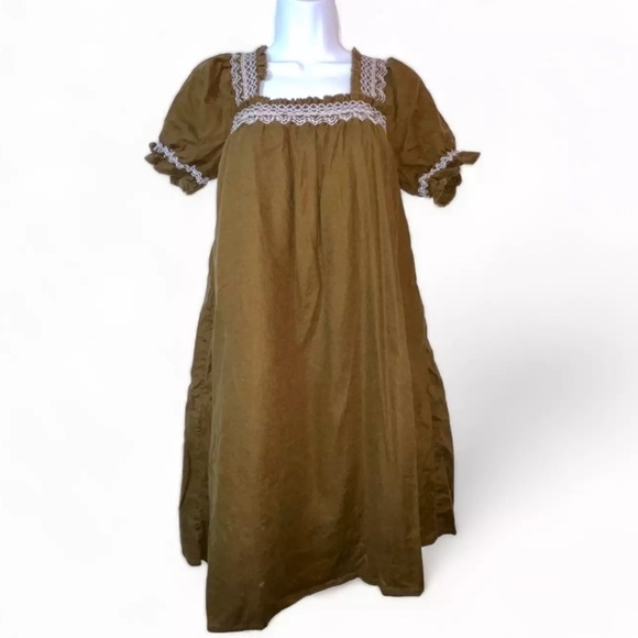 Madewell Dresses & Skirts - Madewell Womens Smocked Neck Linen Olive Green Puff-Sleeve Mini Dress Sz S